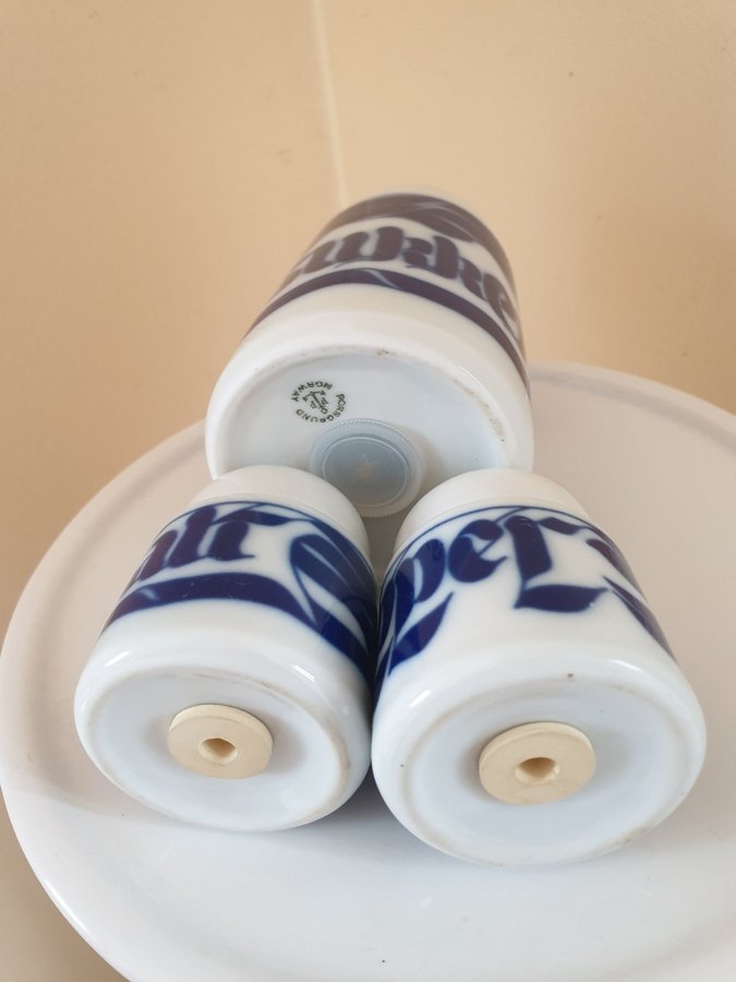 Porsgrund salt and pepper and sugar shaker, Norway blue and white