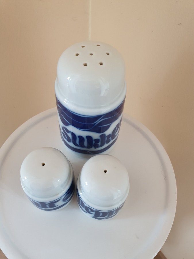 Porsgrund salt and pepper and sugar shaker, Norway blue and white