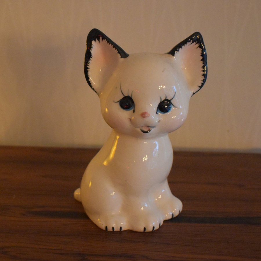 Porslinskatt, vit med svarta öron [15 cm hög] Retro/Vintage/Porslin/Katt