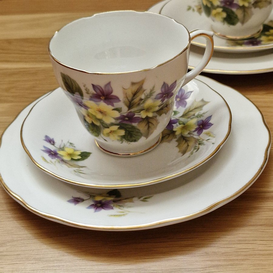 Två söta somriga kaffekoppar m fat + assiett Duchess Bone China England