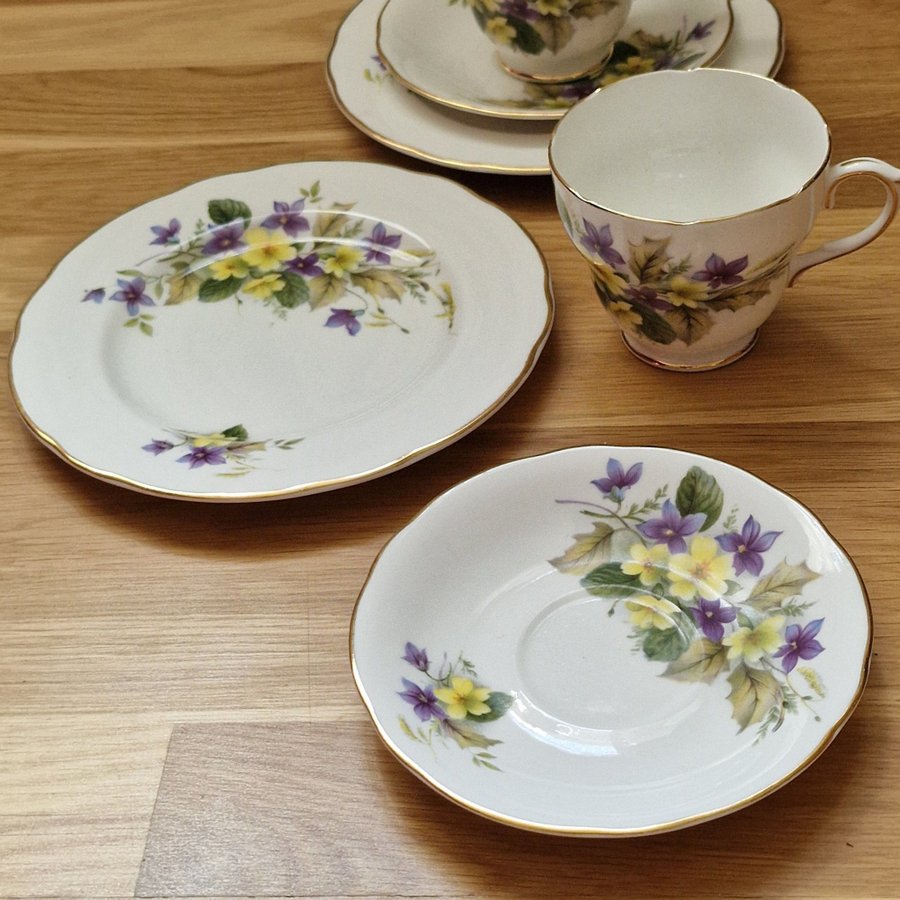 Två söta somriga kaffekoppar m fat + assiett Duchess Bone China England