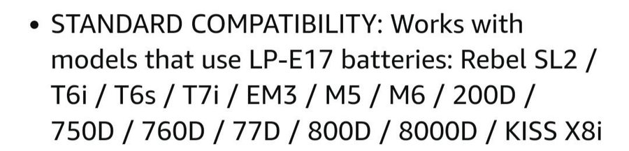 Canon LP-E17 laddare till EOS R100, RP, R8, M3, M5, M6, M6II, 250D, 850D, 77D