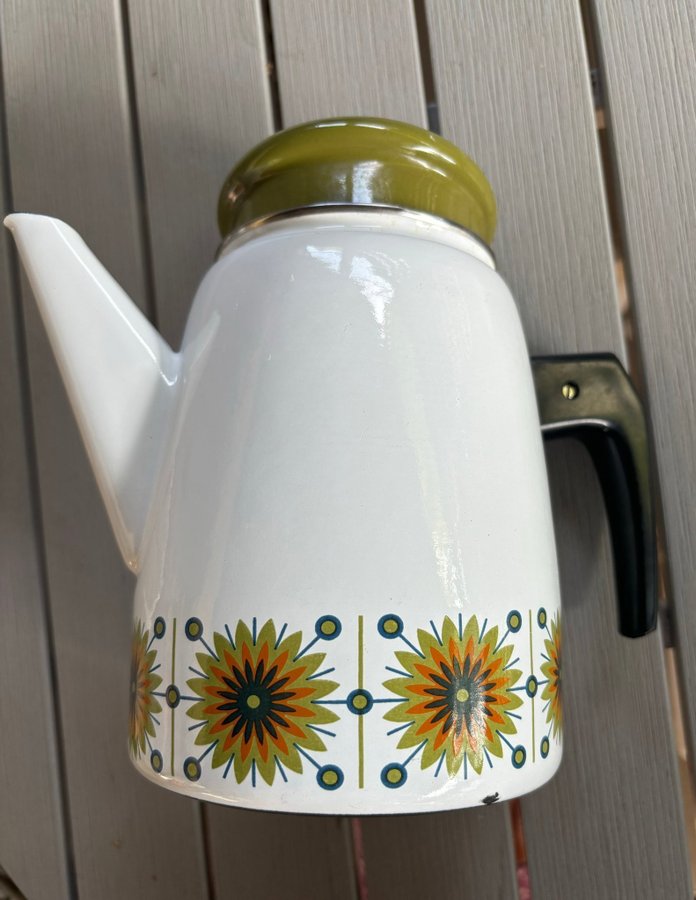 Kaffekanna emalj vit med blommor 1960-1970 Vintage Retro Austria