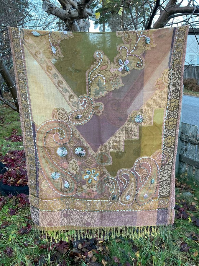 Ny Handbroderad Sjal Halsduk av 100% Kokt Ull från Nepal, ca 200 x 75 cm No.20