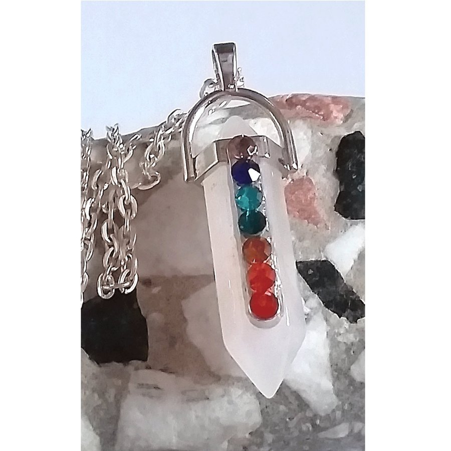 Halsband 7 chakra ROSENKVARTS Pendel Meditation Healing Yoga Energi smyckespåse