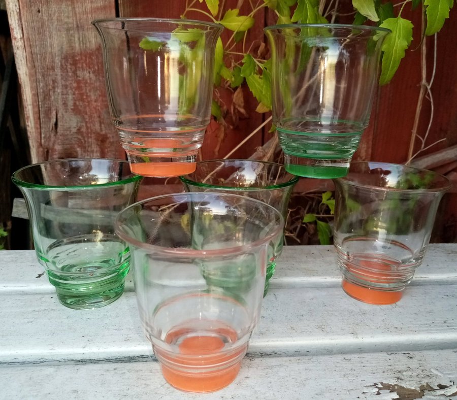 6 st äldre glas /vattenglas gröna  orange