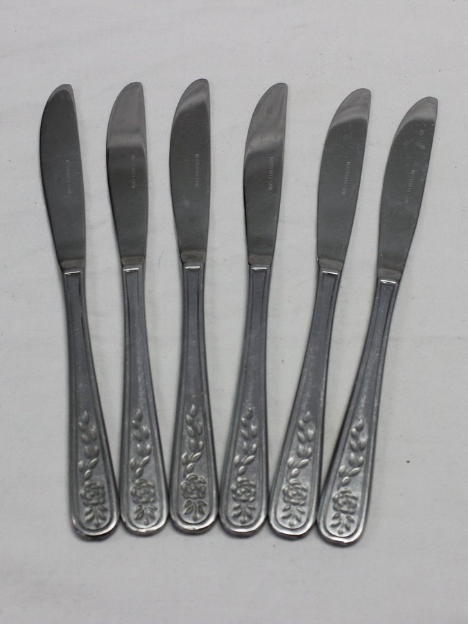 6 Matkniv Matknivar Kniv Knivar 21 cm i Rostfritt Floral Trellis Silverware 70s