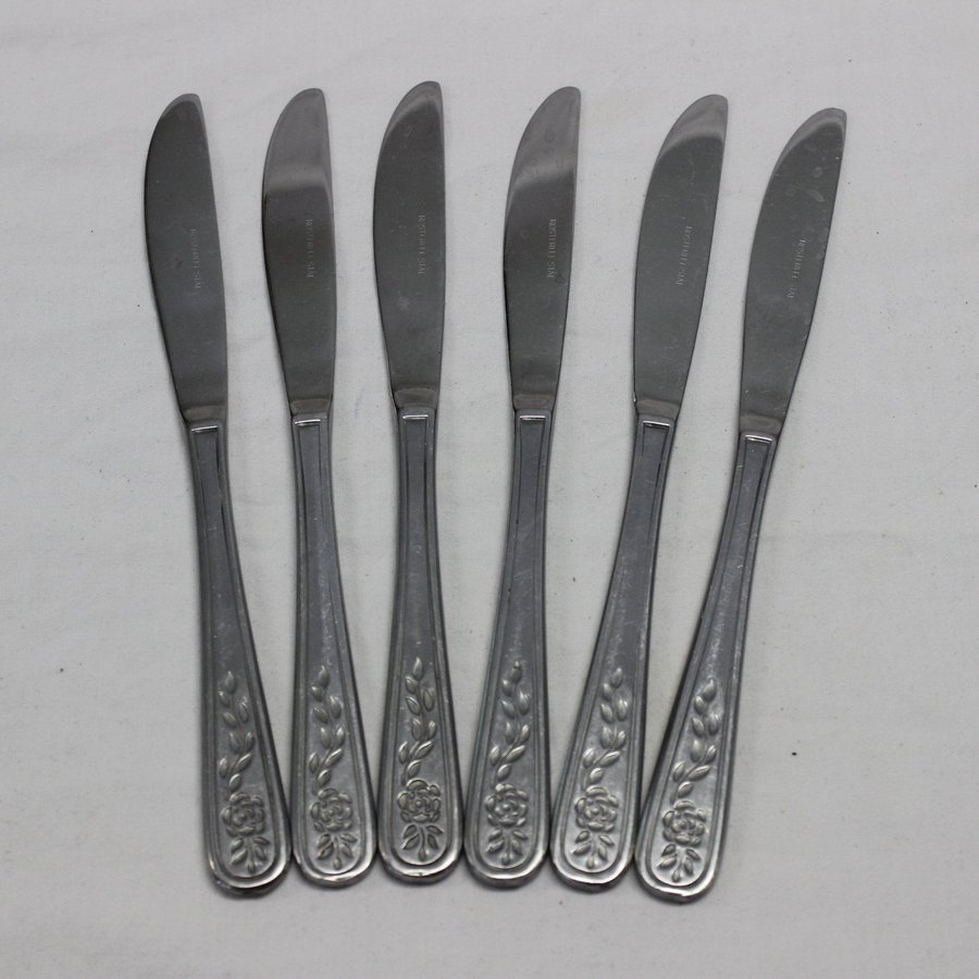 6 Matkniv Matknivar Kniv Knivar 21 cm i Rostfritt Floral Trellis Silverware 70s