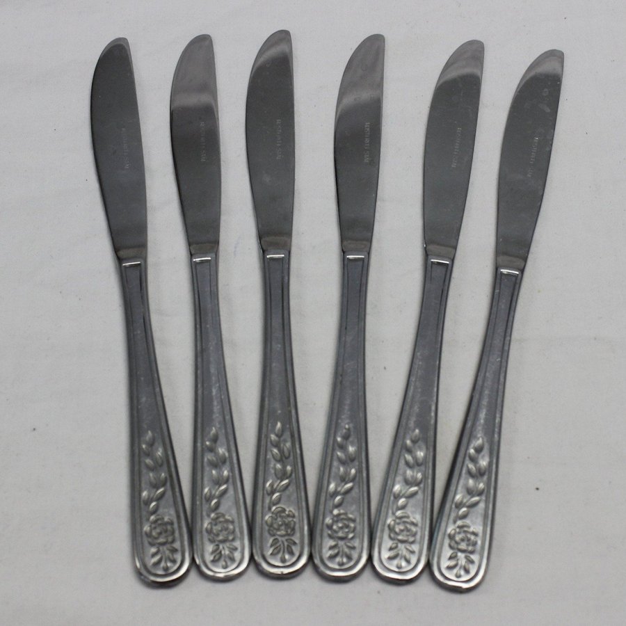 6 Matkniv Matknivar Kniv Knivar 21 cm i Rostfritt Floral Trellis Silverware 70s