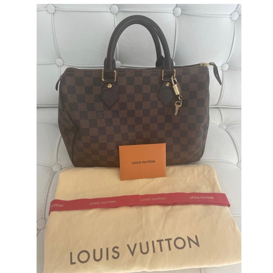 Louis Vuitton Speedy 30 Damier Ebene Canvas Kvitto Alla tillbehör