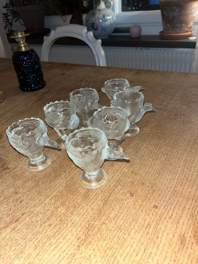 7 st äggkoppar/shotglas i glas (form av stork och gås)