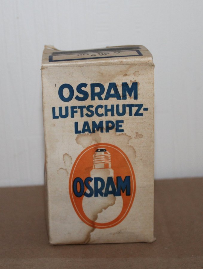 Antik glödlampa i originalförpackning Osram Luftschutzlampe andra världskriget