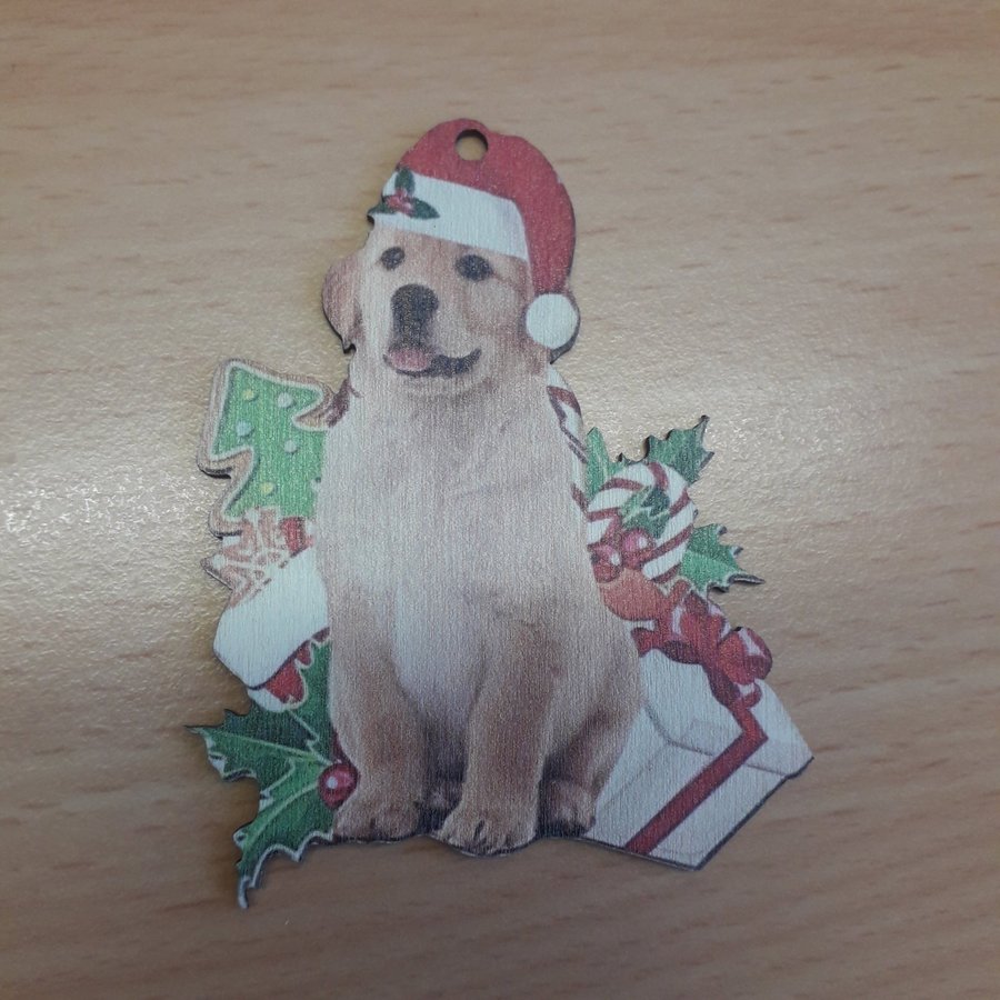 Julpynt julkula hänge jul i trä - Gullig Golden Retriever valp