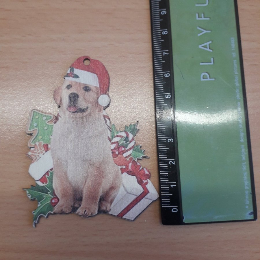 Julpynt julkula hänge jul i trä - Gullig Golden Retriever valp