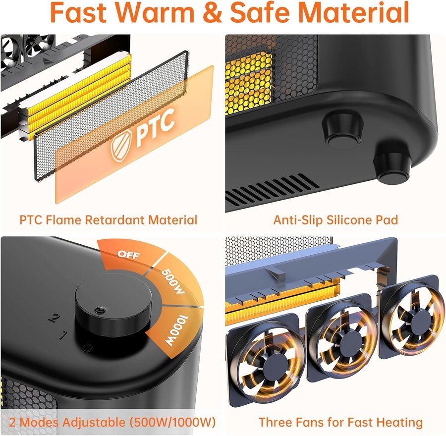 NY Energibesparande PTC värmefläkt | 220v l 500-1000w | Ordpris 329kr