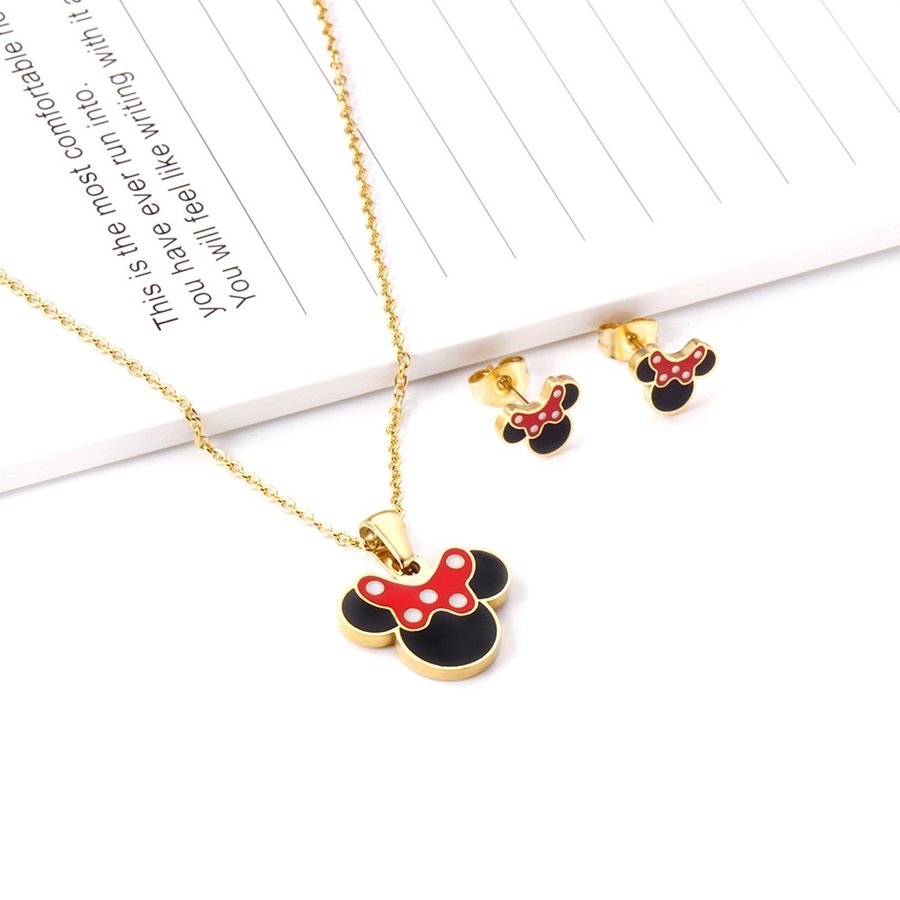 18k Söt Minnie Mouse Halsband  Örhängen Set