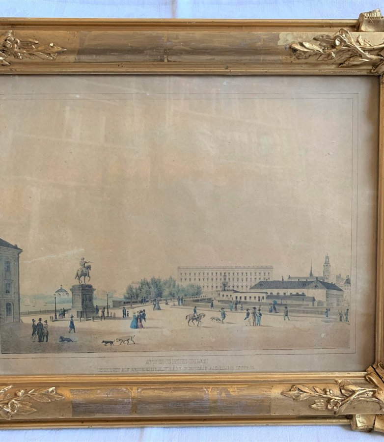 NORRBRO FRÅN GUSTAF ADOLFS TORG, STOCKHOLMS MOTIV LITOGRAFI 1800-TAL.