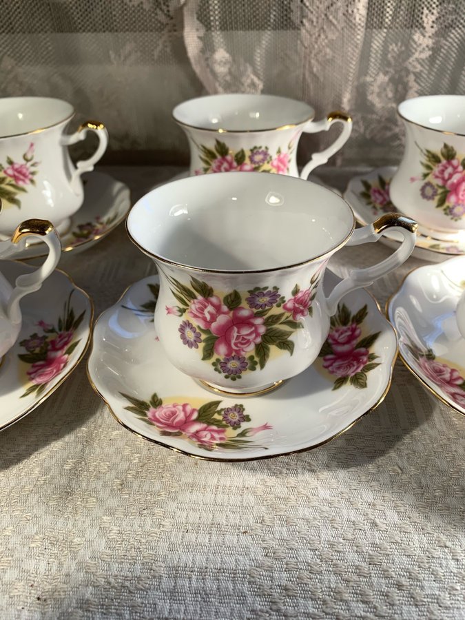 SEX STYCKEN KAFFEKOPPAR MED FAT **MARURI** FINE BONE CHINA - VINTAGE