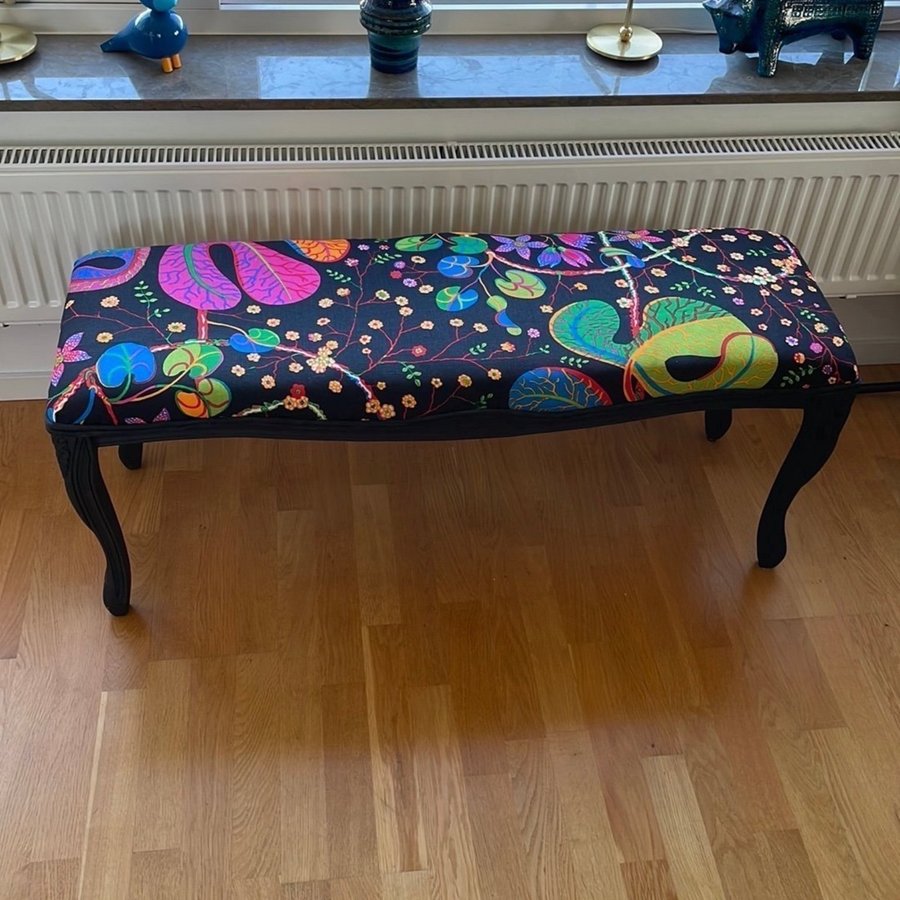 Vintage Långt Trä Pall Sittbänk Textil Josef Frank Svart Teheran