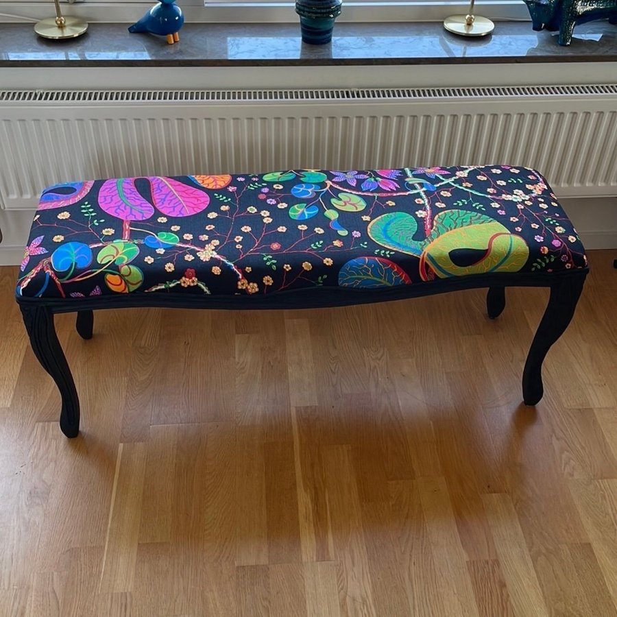 Vintage Långt Trä Pall Sittbänk Textil Josef Frank Svart Teheran