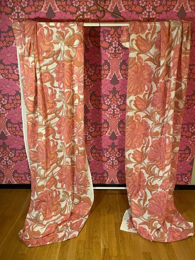 Magiska gardiner retro funkis 60/70 rosa korall curtain drapes art nouveau