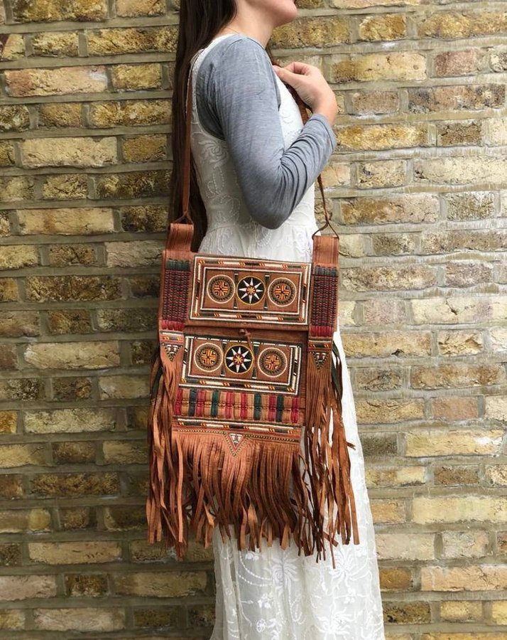 vintage hippie purse Large boho leather tassel bag  handmade brown 70s bag