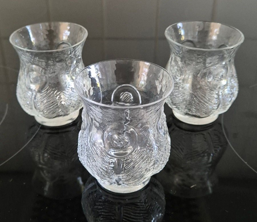 3 whiskeyglas selterglas "Påfågel" av Lars Hellsten för Orrefors / retro vintage