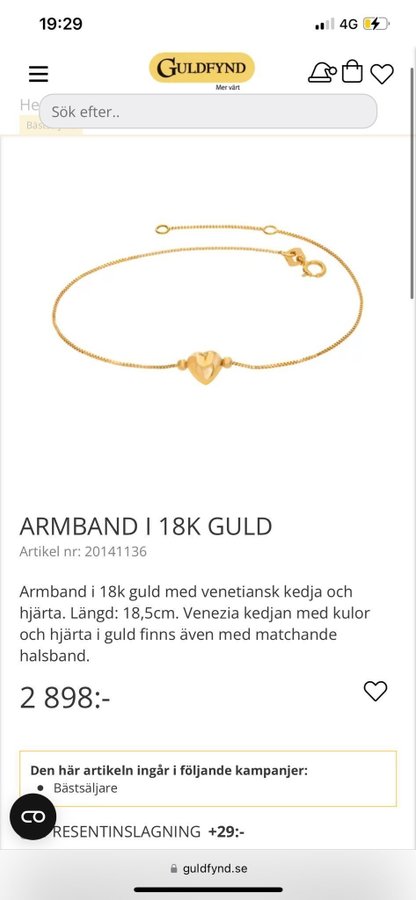 Guld armband med hjärta 18k