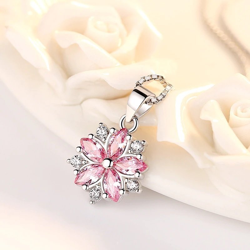 SILVER snöflinga halsband zirkon CZ kristall pläterad snöflingor blomma rosa vit