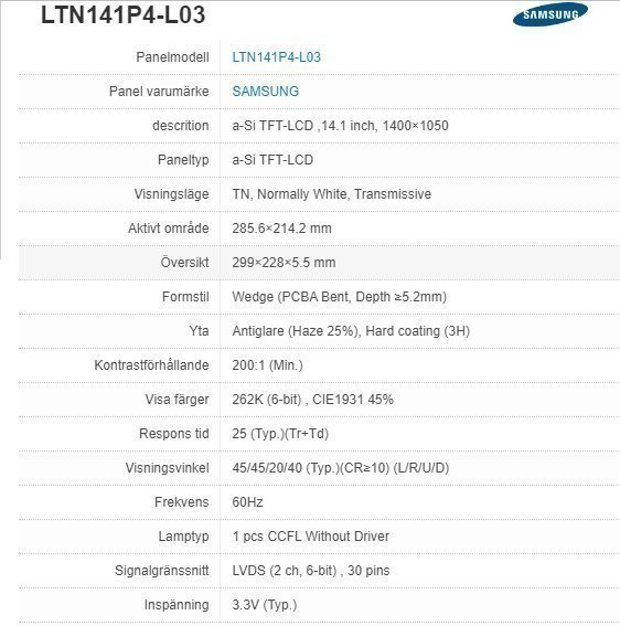 SAMSUNG 14.1" LTN141P4-L03 Skärm till bärbar dator