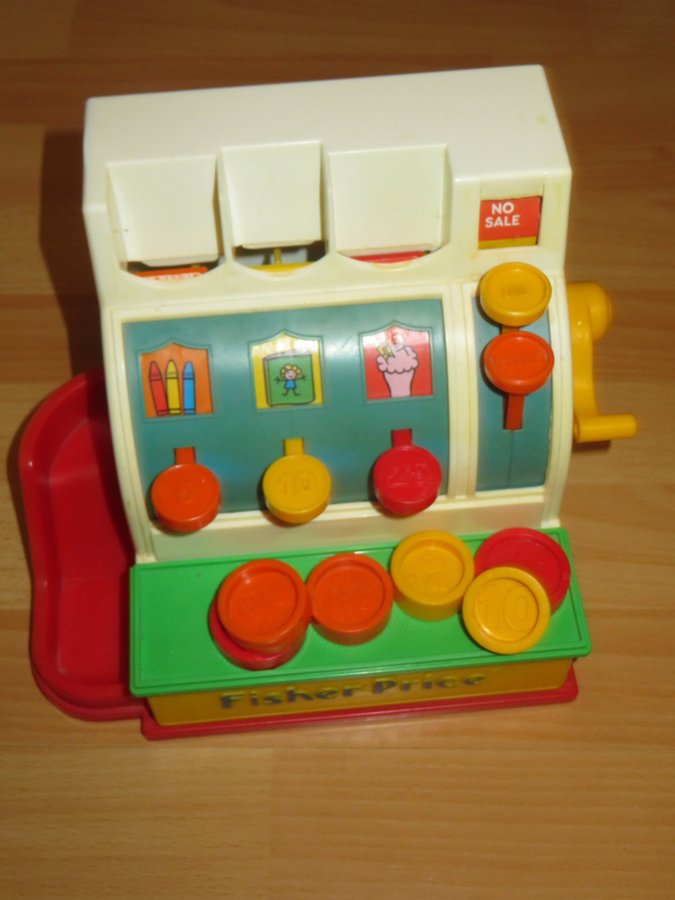 Fisher-Price Kassaapparat med 6 mynt klassisk leksak! RETRO fint beg skick