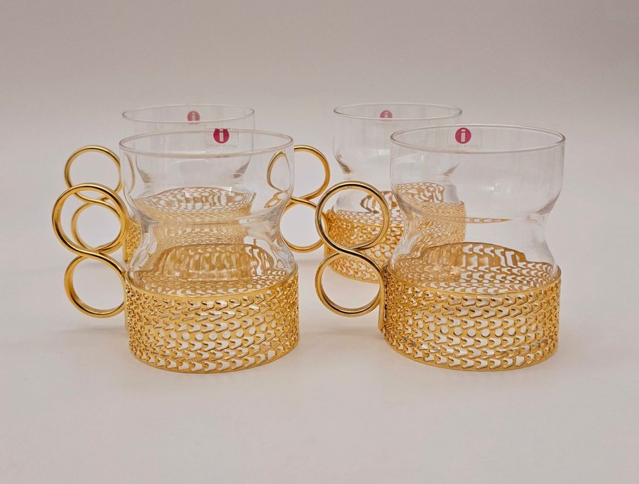 Iittala Tsaikka 4 glas med hållare i guld Timo Sarpaneva glögglas