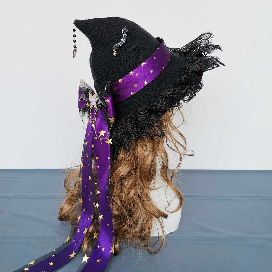 Handmade Crochet Black Witch Hat With Bow. Wool Blend Wizard Hat