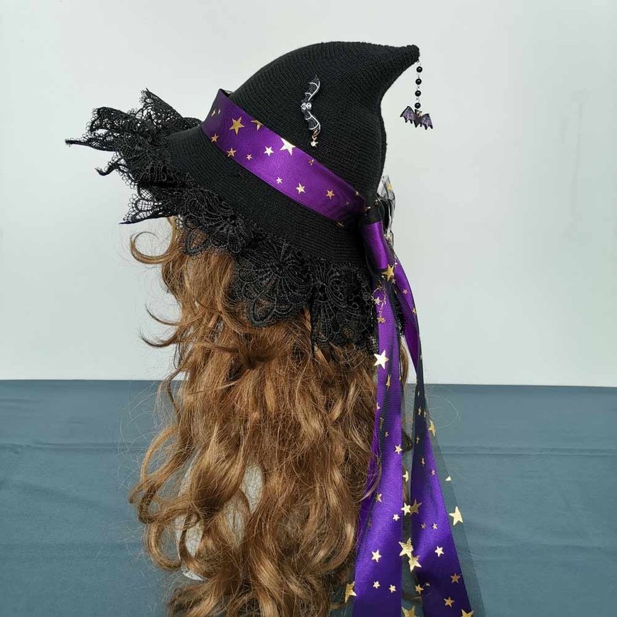 Handmade Crochet Black Witch Hat With Bow. Wool Blend Wizard Hat