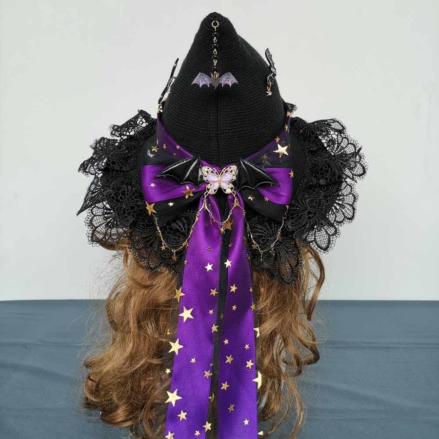 Handmade Crochet Black Witch Hat With Bow. Wool Blend Wizard Hat