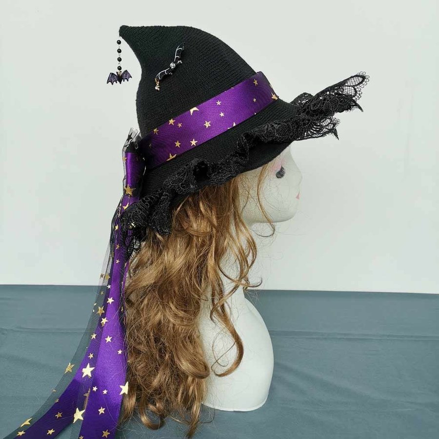 Handmade Crochet Black Witch Hat With Bow. Wool Blend Wizard Hat