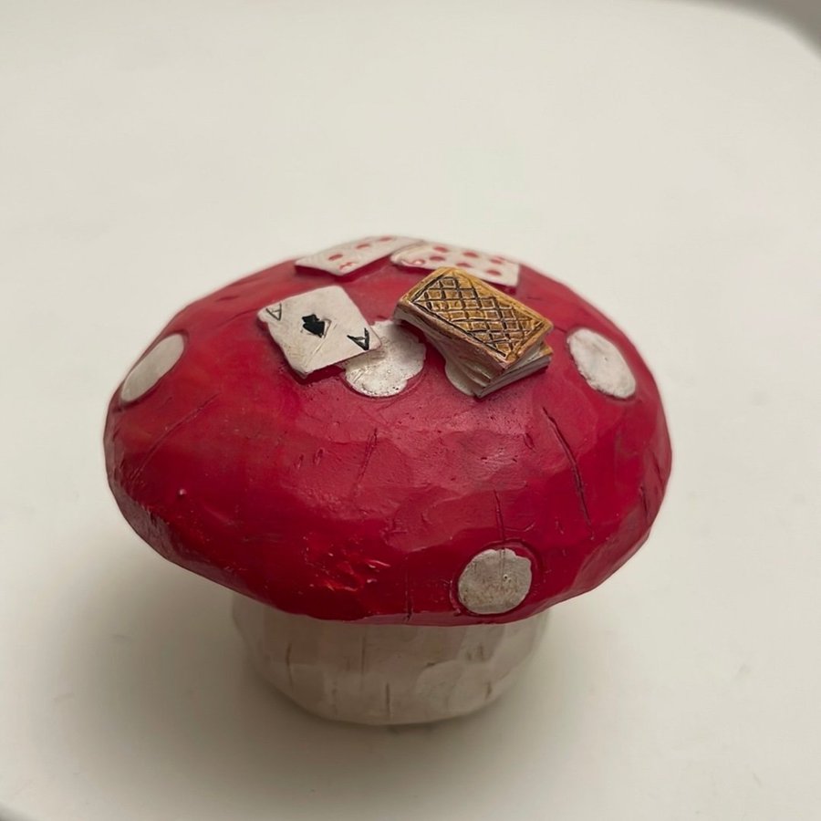 Vintage Liten Trä Svampfigur med kort och bok Amanita Muscaria Flugsvamp Jul