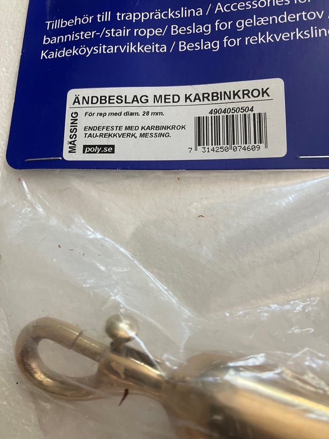 Ändbeslag med karbin krok för rep 28 mm Nytt