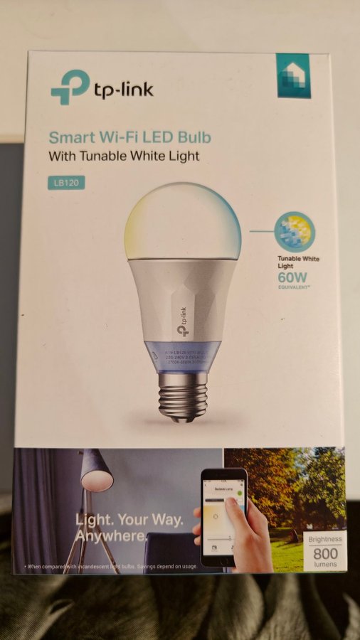 TP-Link Smart wifi LED bulb LB120. Dimbar, vit led-ljus, E27, 10W / 60W, 800 lm