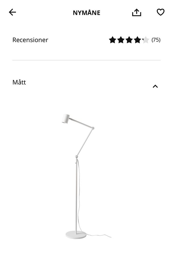 Ikea golvlampa läslampa vit Nymåne