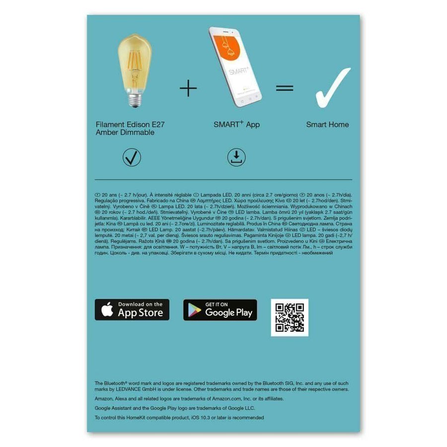 4 x LED Filament Smart+ 55W E27 Guld Dimbar App Google Bluetooth