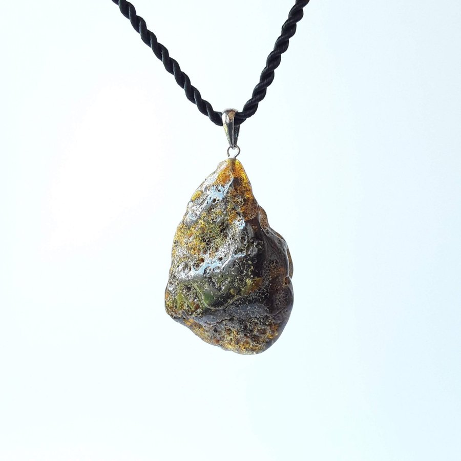 Baltic amber pendant on black chain Raw large dark gemstone necklace jewelry