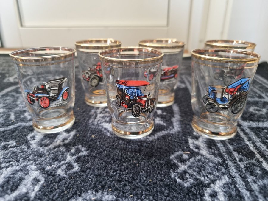 6 st glas med veteranbilar Vintage