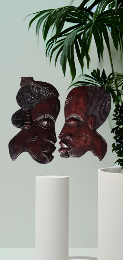 Afrikansk mask väggdekoration kvinna och man i brunt trä Afrika