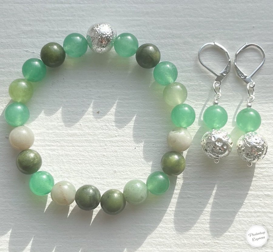 Set - ett stretcharmband med lavasten/grön aventurine/jade/örhängen s925