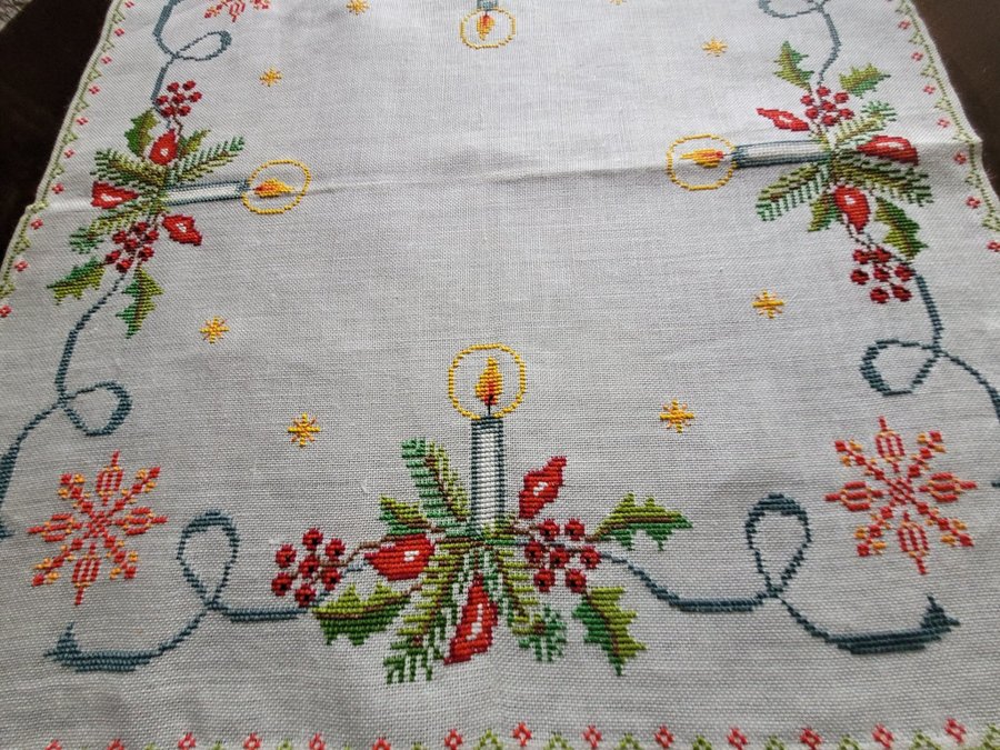 Vacker Julduk handbroderad Ljus järnek stjärnor64×65cm Advent