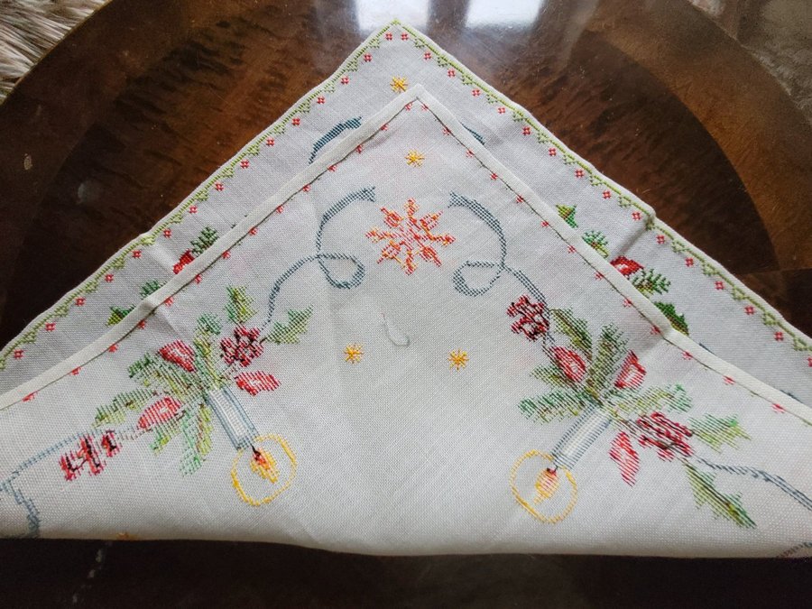 Vacker Julduk handbroderad Ljus järnek stjärnor64×65cm Advent