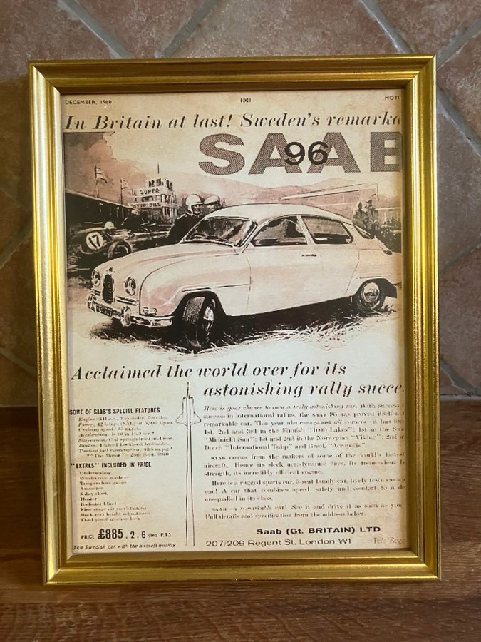 SAAB 96 en vintage retro reklam för den Engelska marknaden i December 1960,