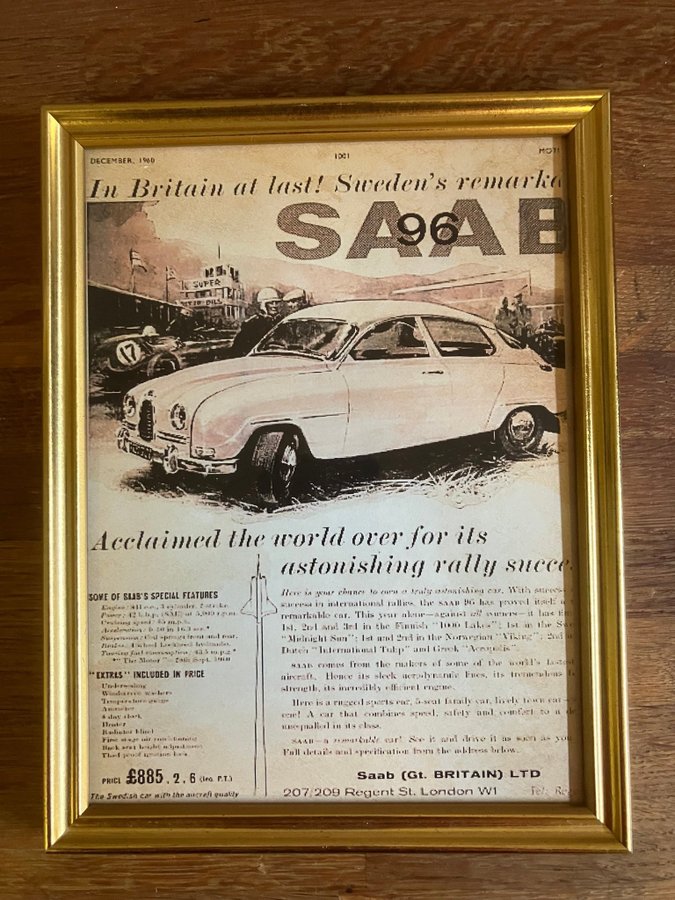 SAAB 96 en vintage retro reklam för den Engelska marknaden i December 1960,