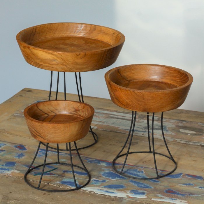 Set of 3 Teak Bowls with Metal Stands